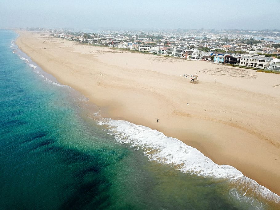 beach aerial photography, birds eye view of shore near body of water
