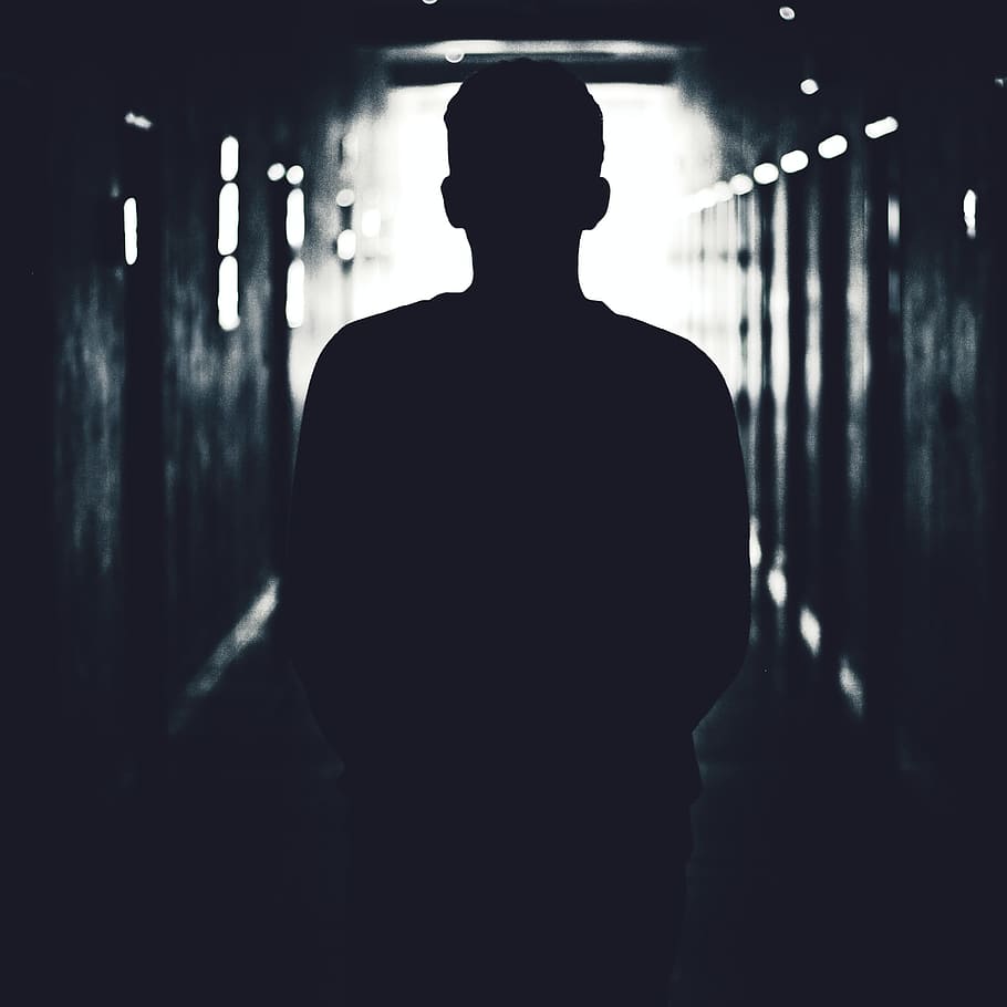 silhouette of man at alley, people, walking, alone, dark, tunnel
