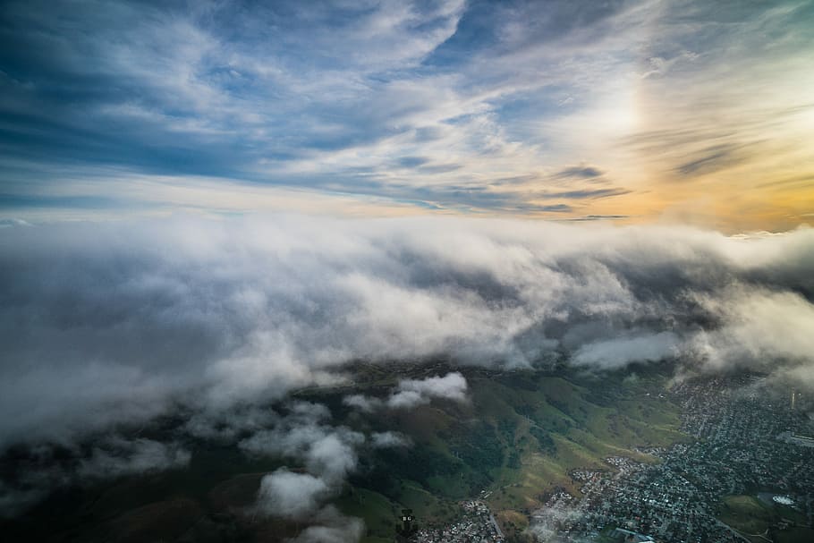 aerial view of sea of clouds, aerial photo of mountain, sky, grass HD wallpaper