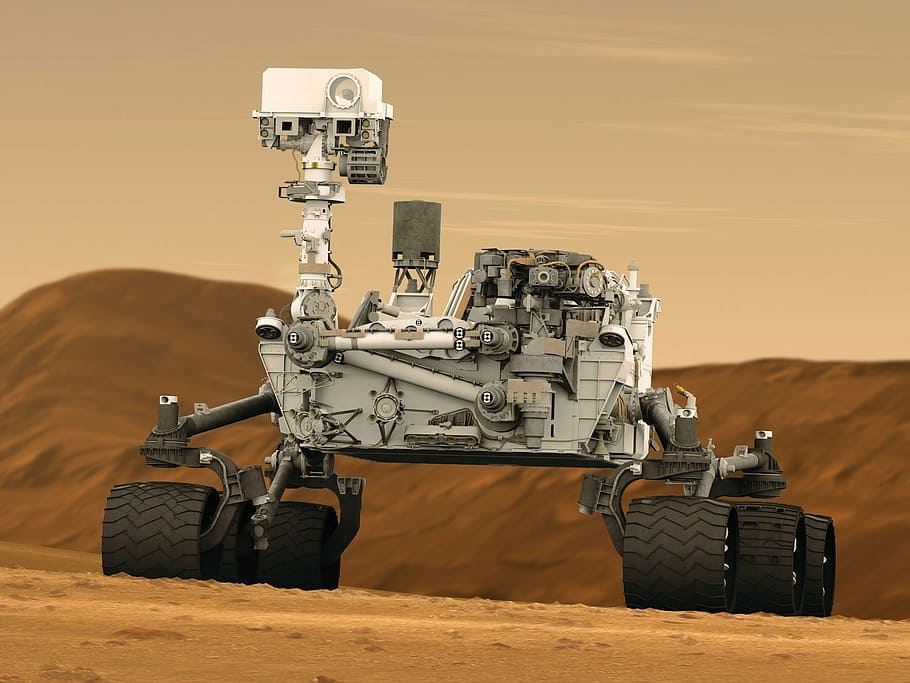 white buggy on sand landscape, mars rover, curiosity, space travel