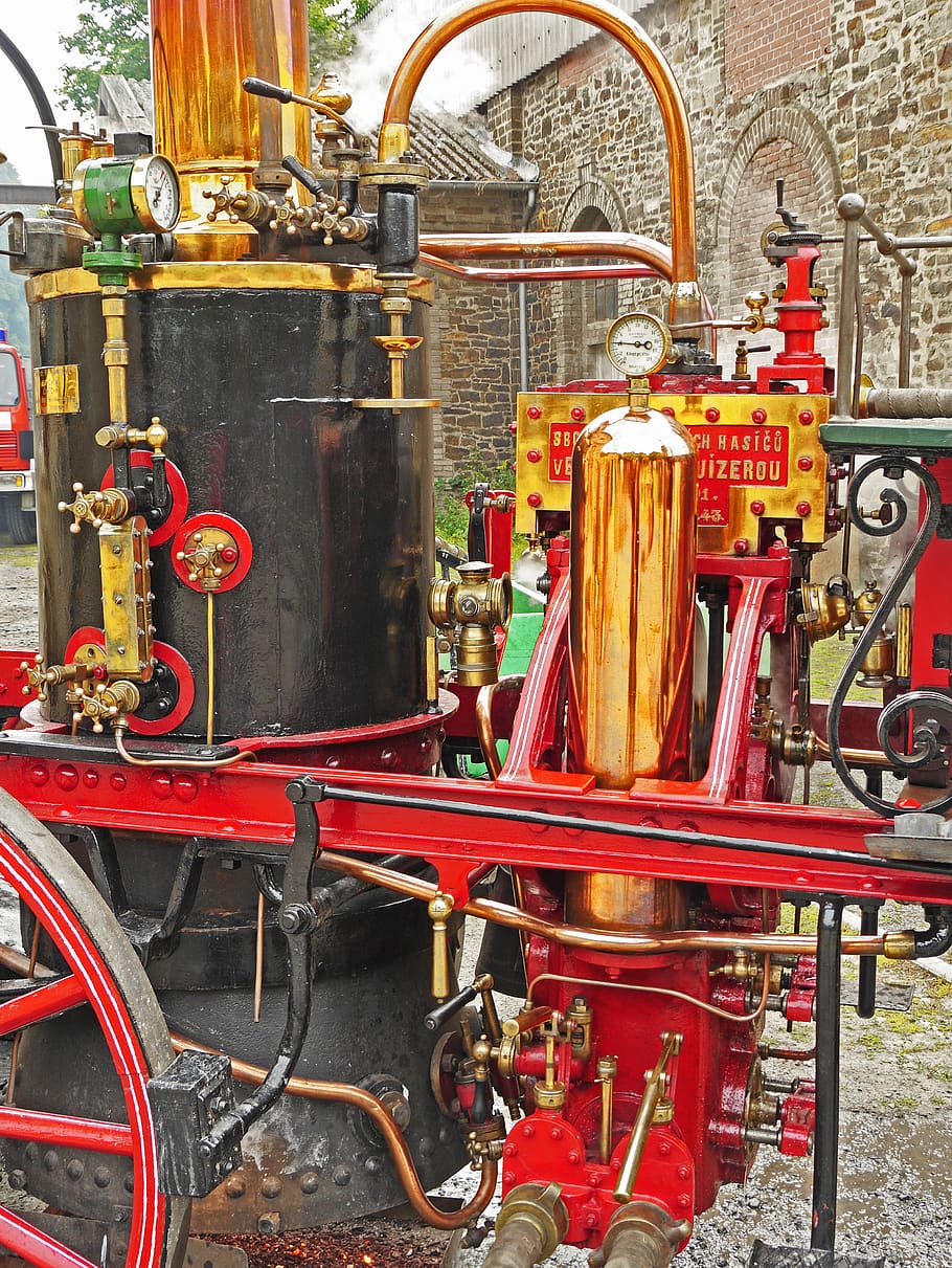 fire, steam power, feurspritze, water pump, antique syringe carriage, HD wallpaper