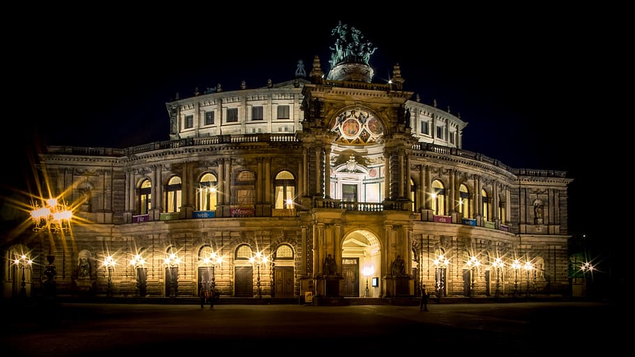 lighted concrete and brown building, night, lights, dresden HD wallpaper