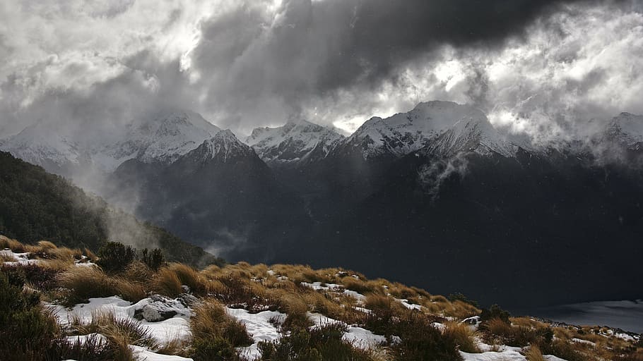 mountain ranges with snow beside water, glacier, mountains HD wallpaper