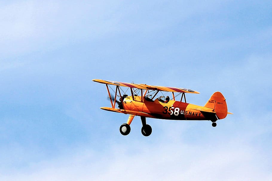 orange U.S Navy biplane in flight, Airplane, Oldtimer, planes HD wallpaper