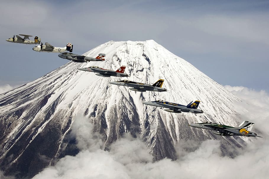 several planes flying over white and gray mountain, Formation Flight, HD wallpaper