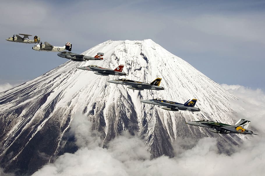 several planes flying over white and gray mountain, Formation Flight HD wallpaper