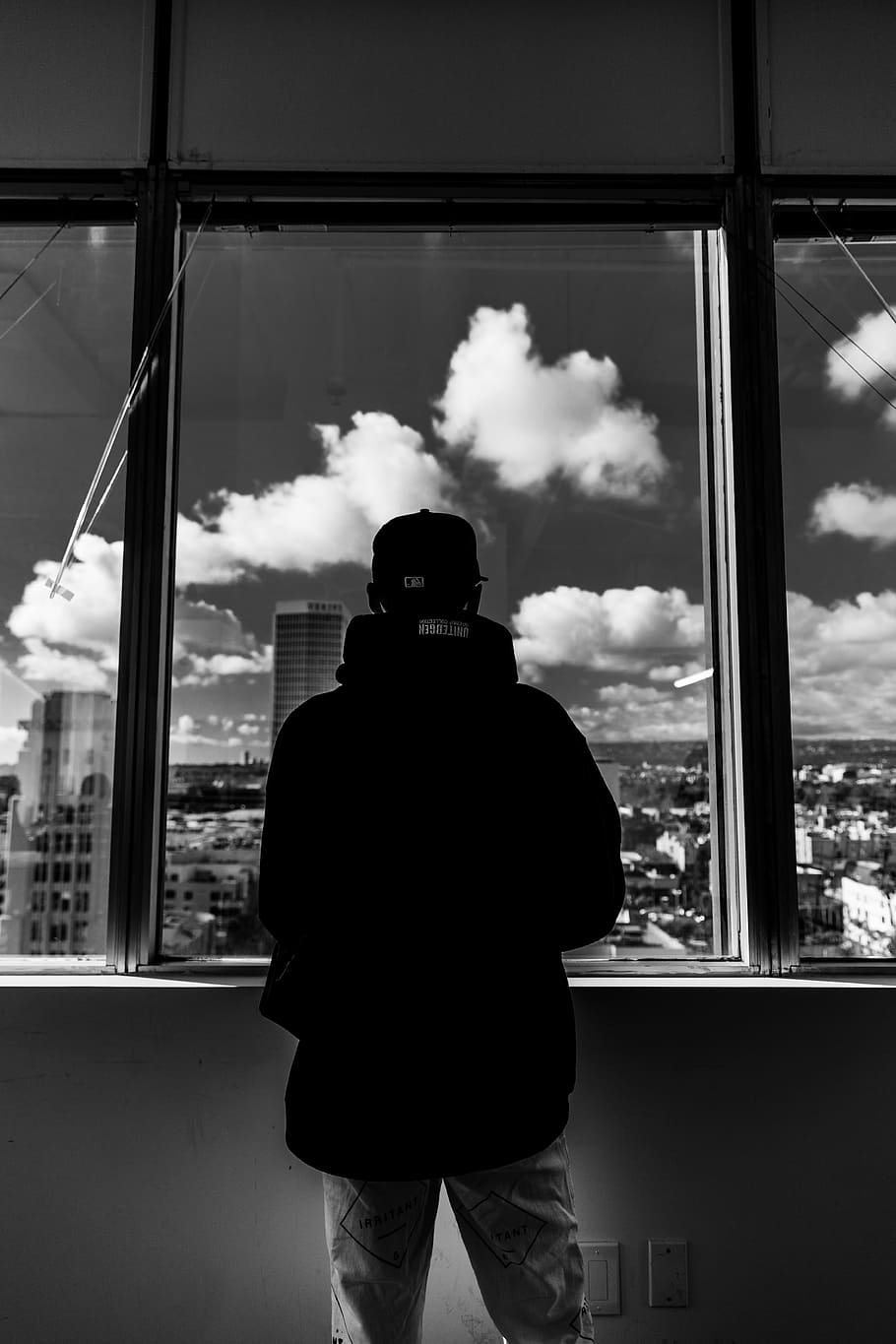 grayscale photo of man standing near window, untitled, cloud HD wallpaper