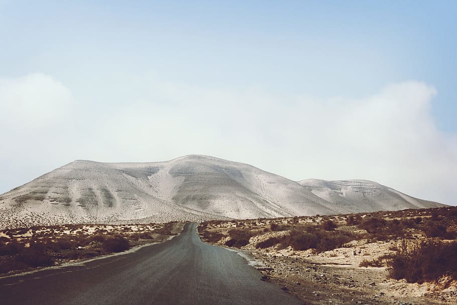 landscape photography of road and mountain, white mountain near brown land HD wallpaper
