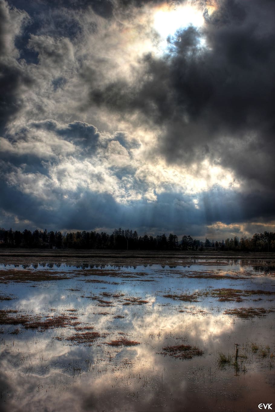 fields, sky, reflections, clouds, outdoors, scenic, tranquil HD wallpaper