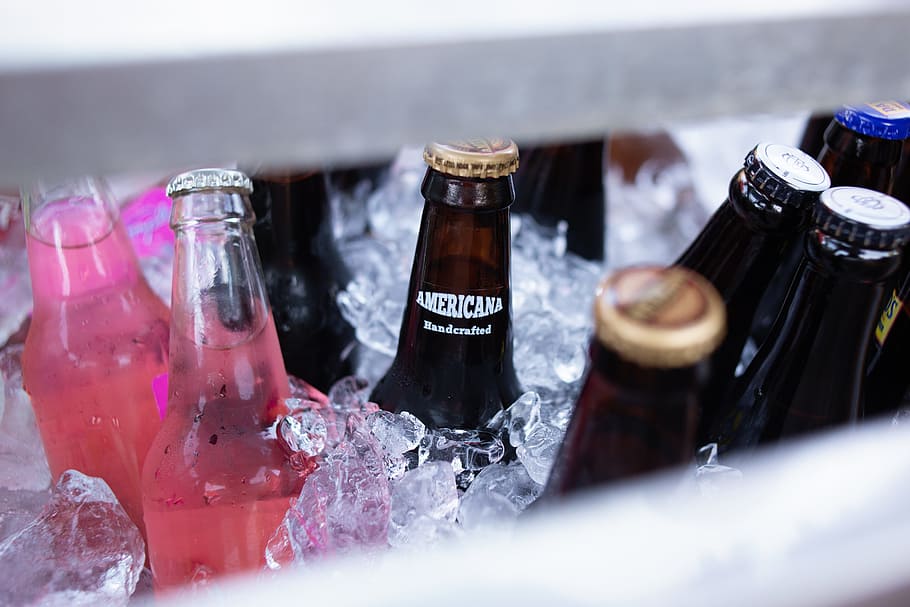 clear labeled bottles in cooler box, Americana bottle on ice cube box, HD wallpaper