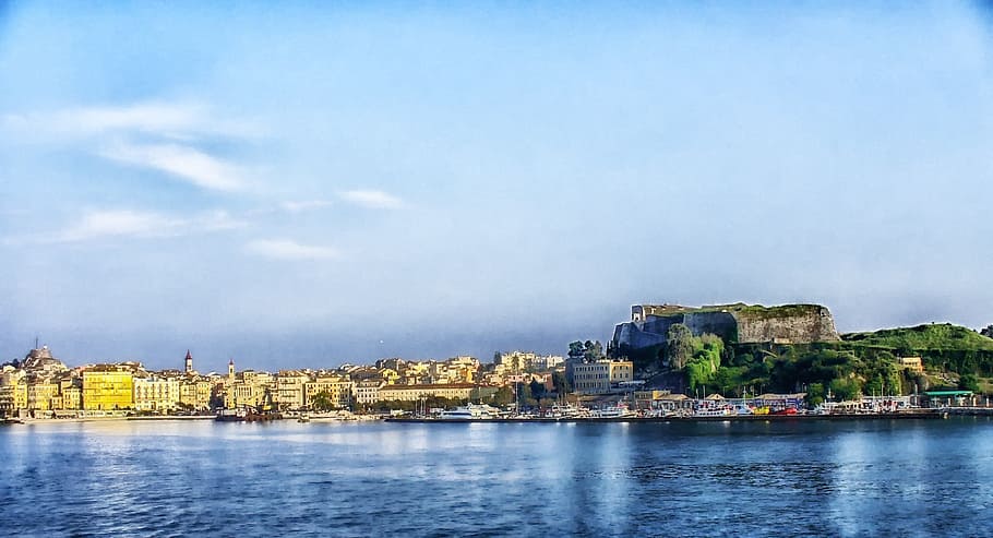 corfu, greece, bay, harbor, water, city, urban, shoreline, hdr HD wallpaper