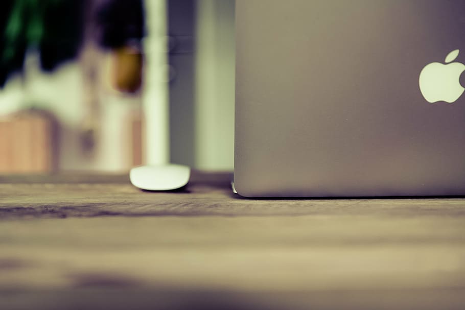 opened silver MacBook on wooden surface, magic, mouse, top HD wallpaper