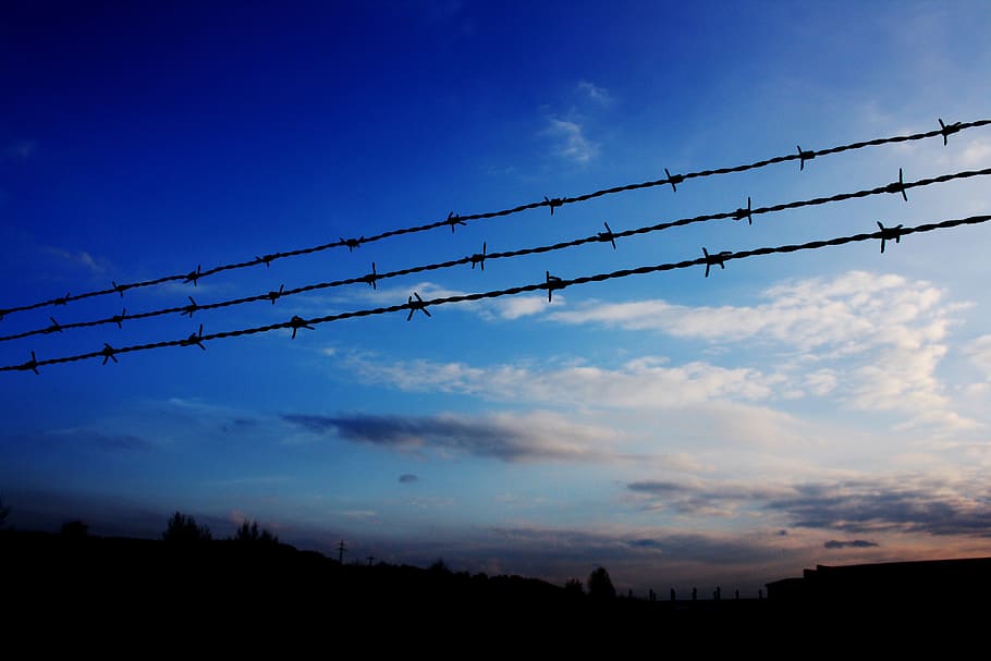 fence, sunset, sky, silhouette, landscape, demarcation, barbed wire HD wallpaper