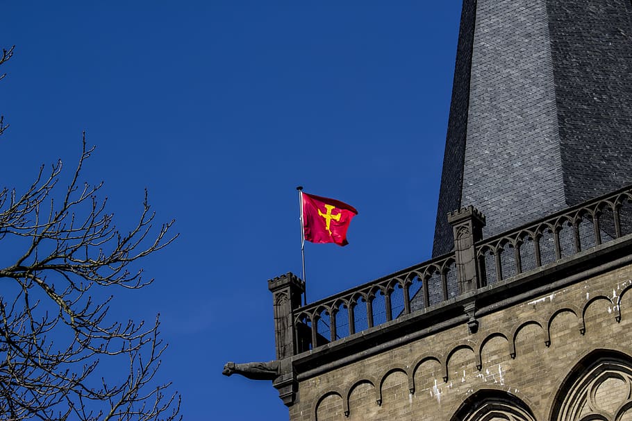 sky, blue, flag, blow, flutter, steeple, red, architecture HD wallpaper