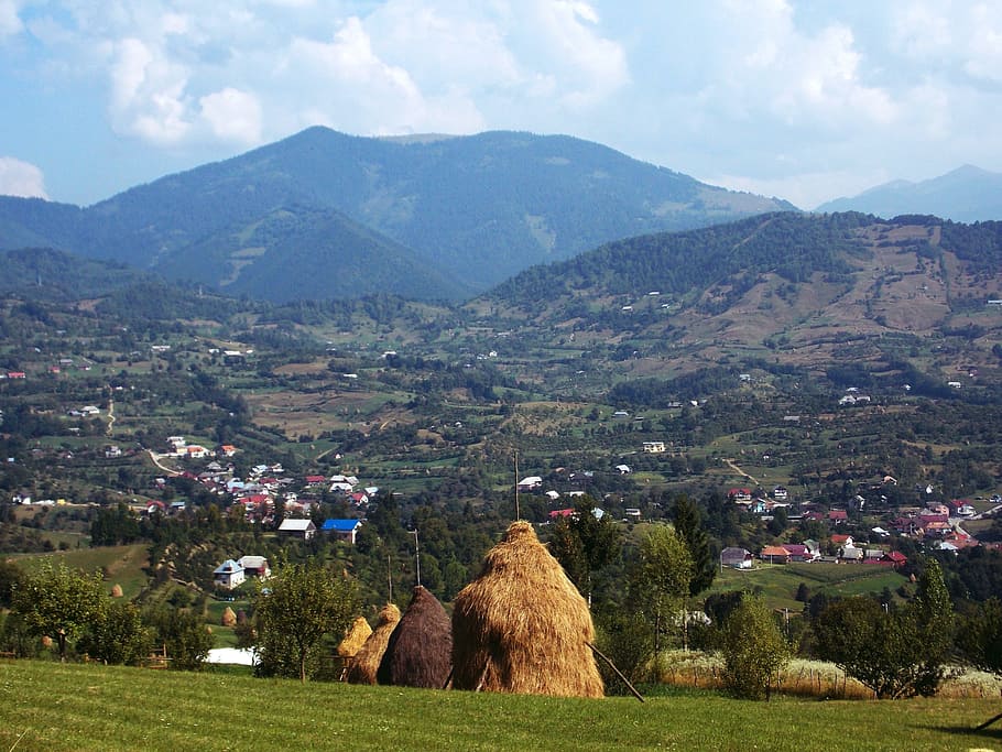 Haystacks, Landscape, Mountains, Cloud, blue, sky, romania HD wallpaper