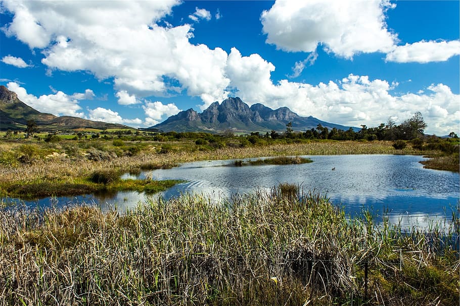 landscape, river, water, reflection, mountains, fields, grass HD wallpaper