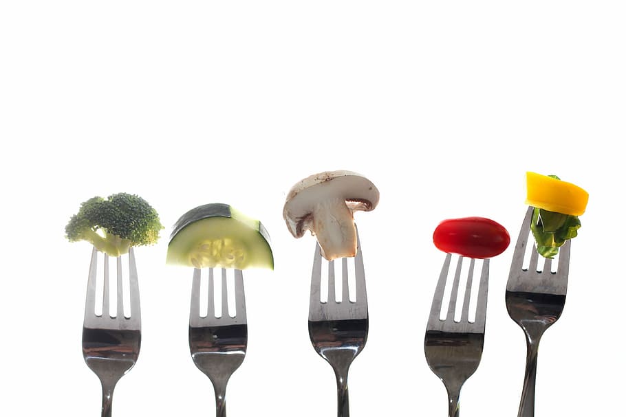five stainless steel fork and five assorted vegetables  slices, HD wallpaper