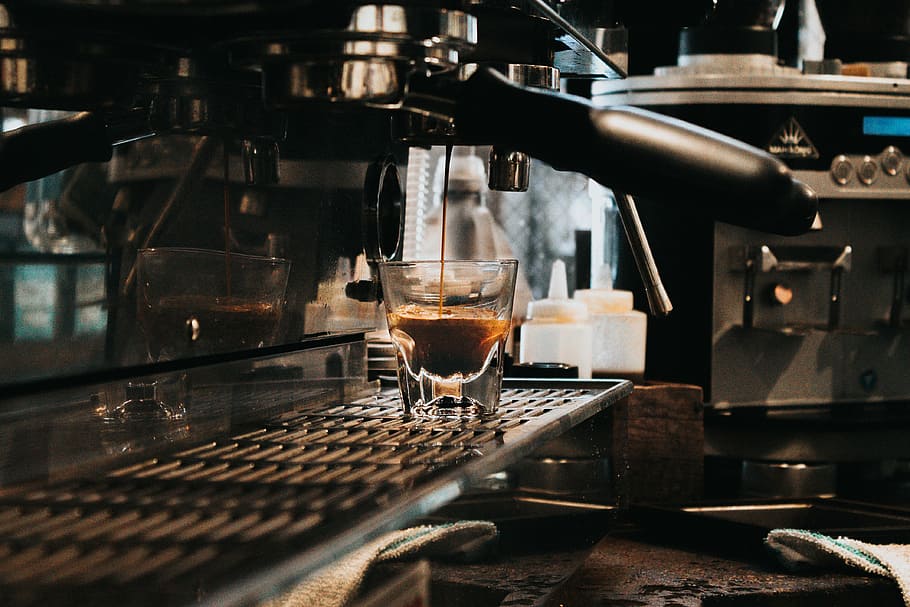 clear drinking glass on black and silver espresso machine, photo of black coffeemaker, HD wallpaper