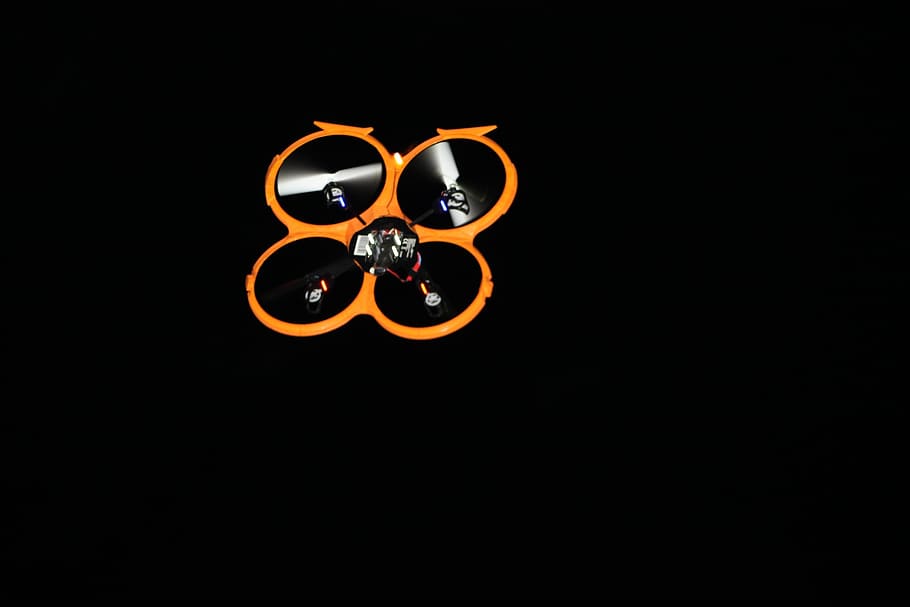 drone, flight, at night, fly, rotor, aircraft, black background HD wallpaper