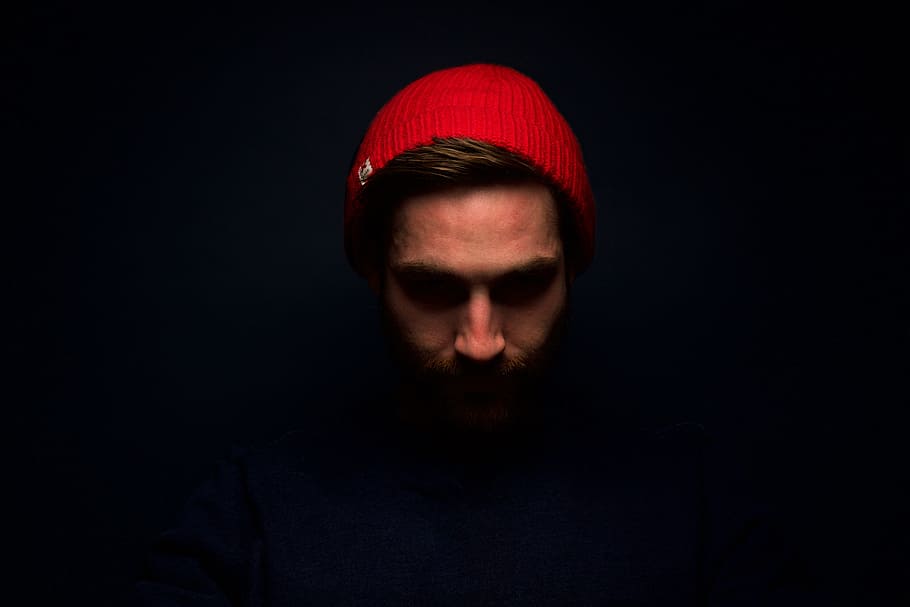 people, man, guy, face, red, beanie, portrait, one person, studio shot HD wallpaper