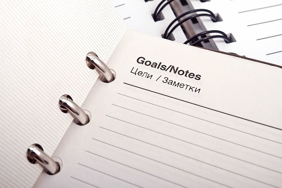 goals/notes notebook, diary, office, work, pen, planning, weekly HD wallpaper