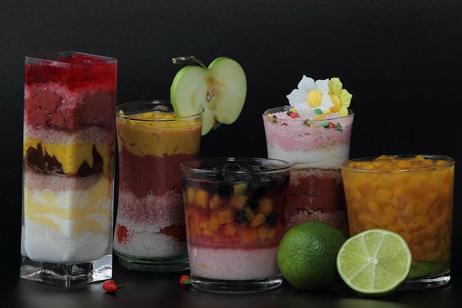 five assorted deserts on clear glass cups, cocktail, mix, fruit HD wallpaper