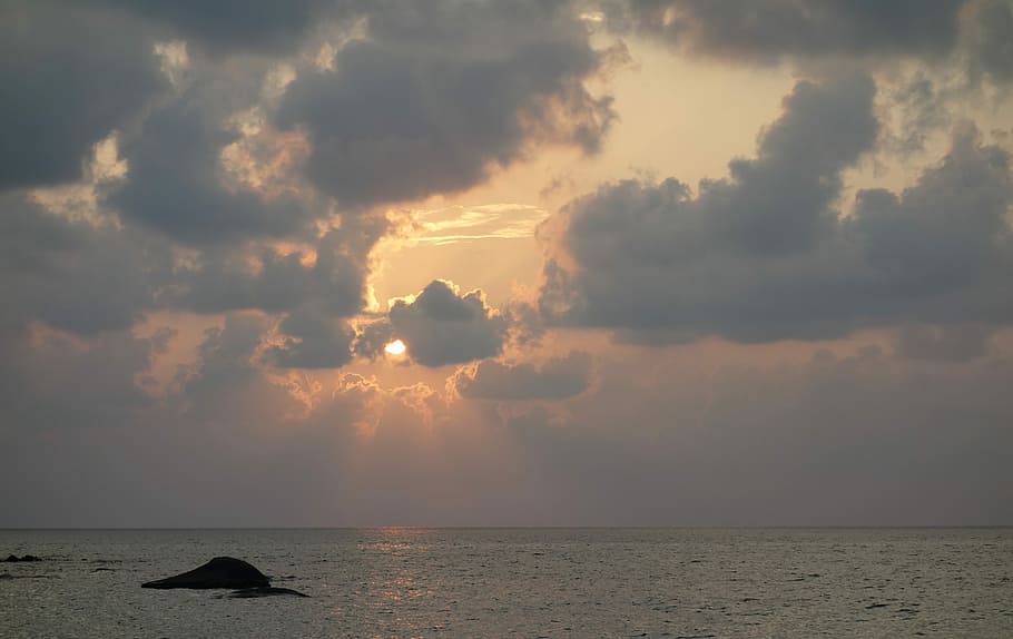 rock formation surrounded of body of water, sunset, waters HD wallpaper