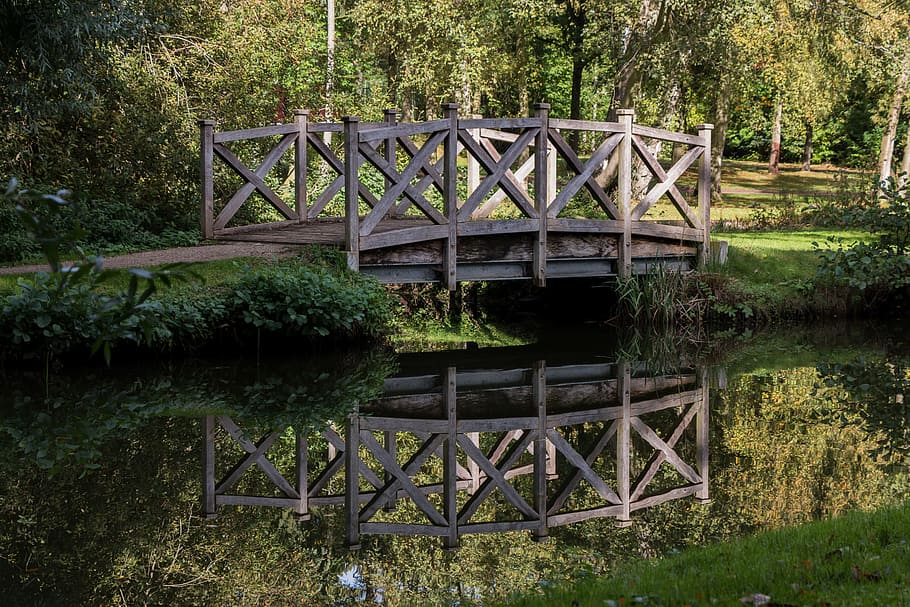 bridge, mirroring, water, river, reflections, forest, autumn HD wallpaper