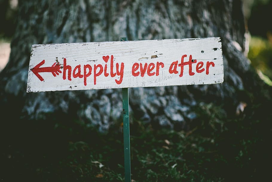 gray and red happily ever after wooden signage, happily ever after signage HD wallpaper