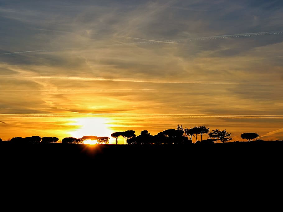 Silhouette, Sunset, Yellow, Red, Summer, clouds, horizon, evening HD wallpaper