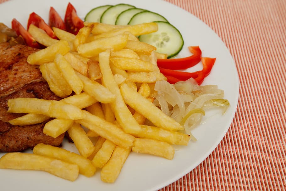 fries with grilled meat on plate, beef, chips, diet, dinner HD wallpaper