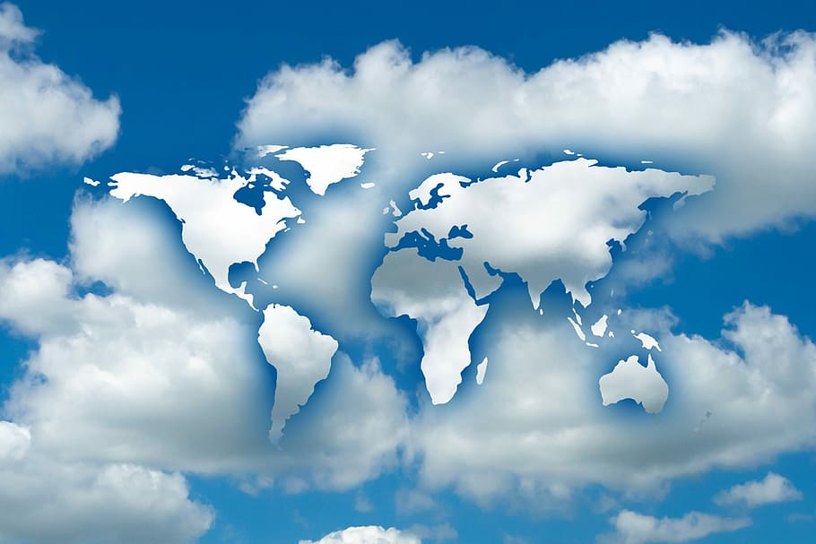 map of the world on white and blue sky edited photo, globe, clouds