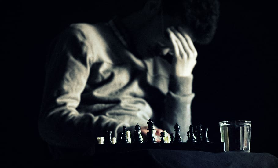 man playing chess game, depressed, destruction, chessboard HD wallpaper