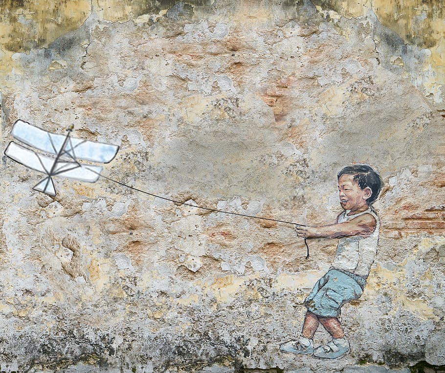 stone, brick, old, wall, graphite, kid, kite, parrot, one person HD wallpaper