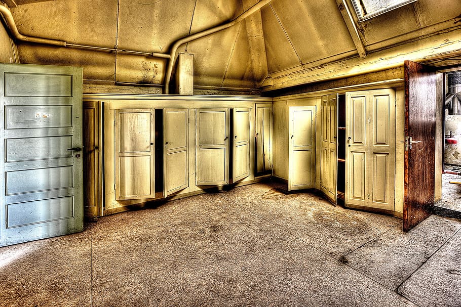 brown wooden cabinet opened, empty room, cabinets, doors, hdr HD wallpaper