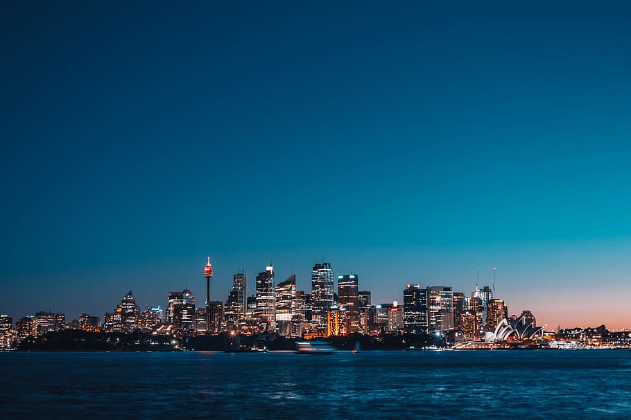 sea, ocean, blue, water, city, skyline, tower, architecture HD wallpaper