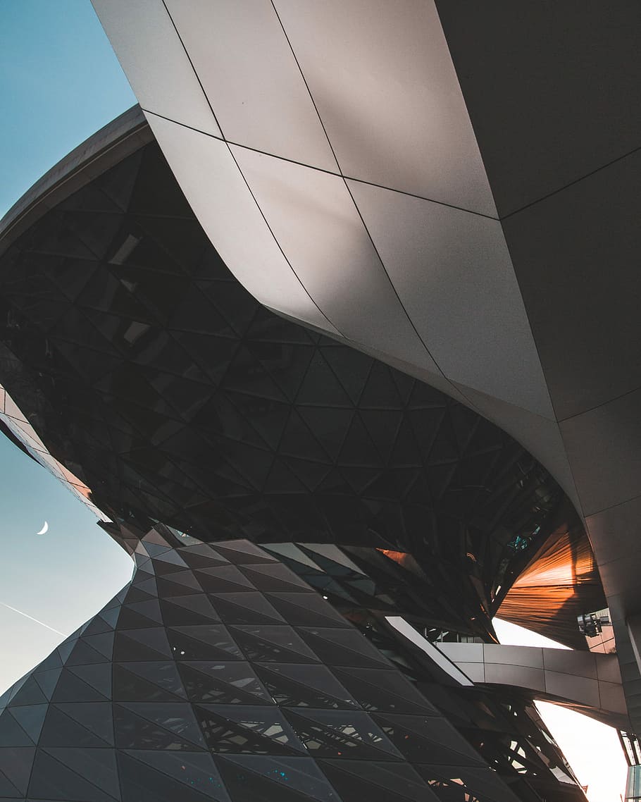 gray glass building, low angle photography of white concrete building during daytime HD wallpaper