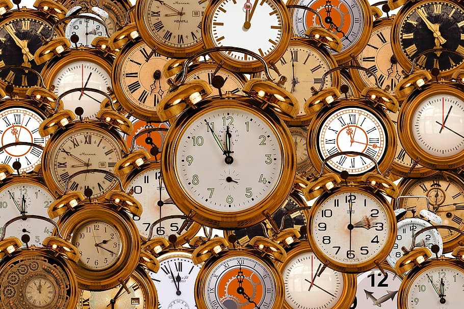 gold-colored bell alarm clock lot, time, watches, time of, business, HD wallpaper