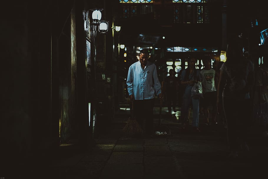 man walking on street, person, indoor, sweeping, street sweeping HD wallpaper