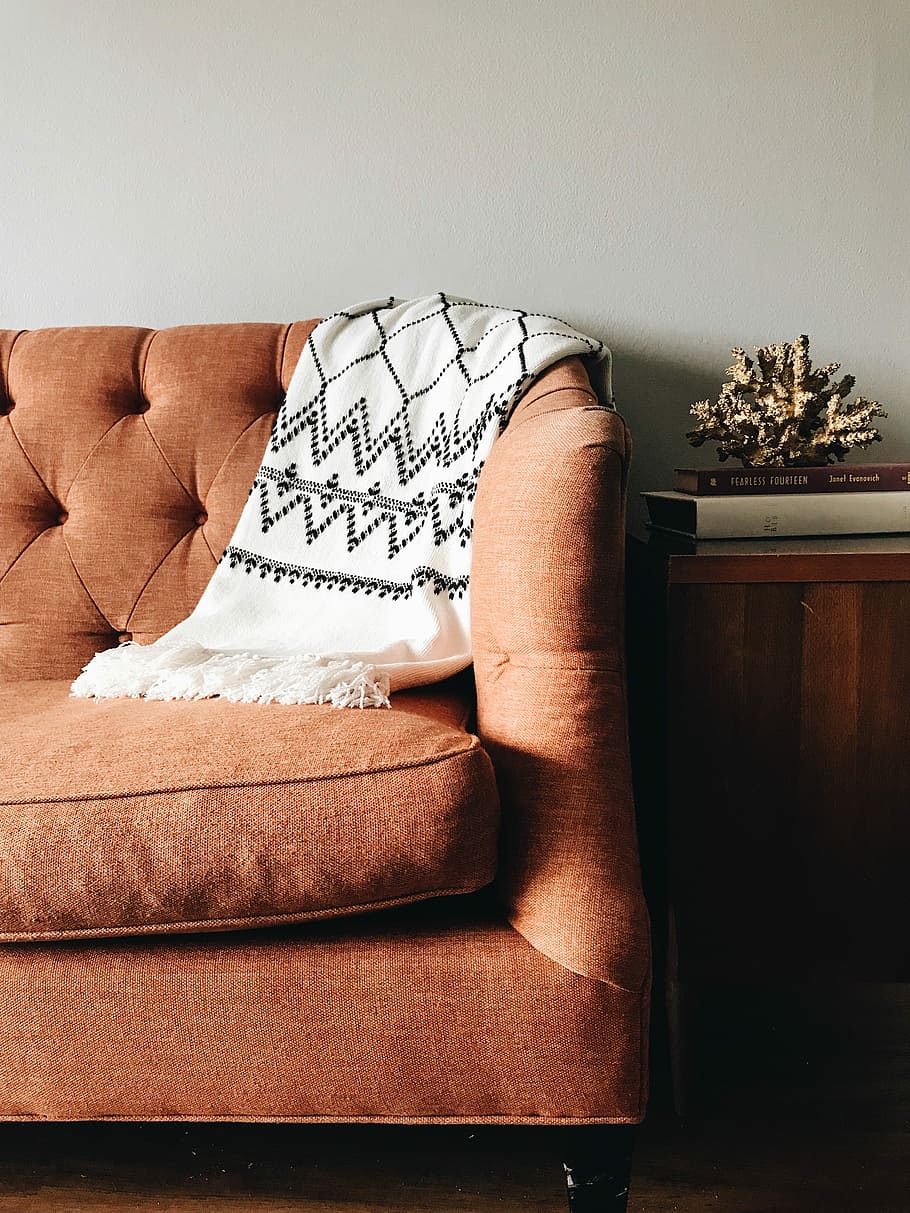 white and black textile on brown couch, untitled, sofa, blanket HD wallpaper