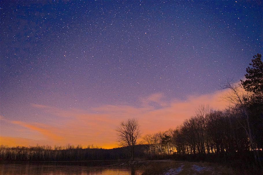 Lake, Trees, Night Time, Orange, Sky, landscape, nature, water HD wallpaper