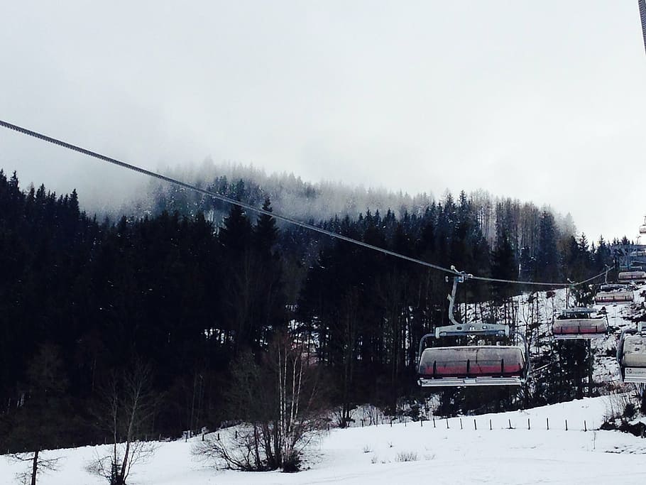 cable car over snow covered mountain, fields, sky, trees, plants HD wallpaper