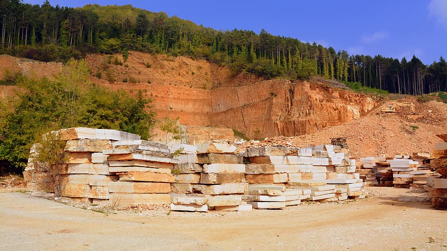 marble, stone, quarry, forest, mountain, shipyard, tree, stack HD wallpaper