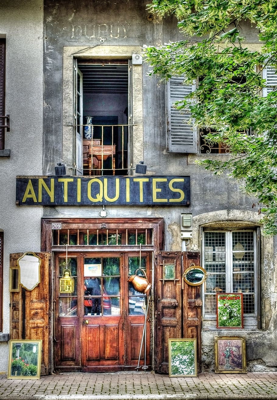 Antiquites Signage, architecture, brick, building, city, door HD wallpaper