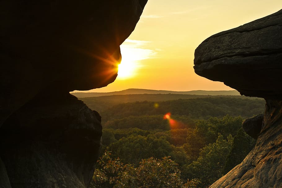 silhouette of rock formation near trees, sunset, summer, nature HD wallpaper