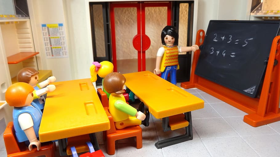 Lego Minifigures in school setup, playmobil, children, teacher