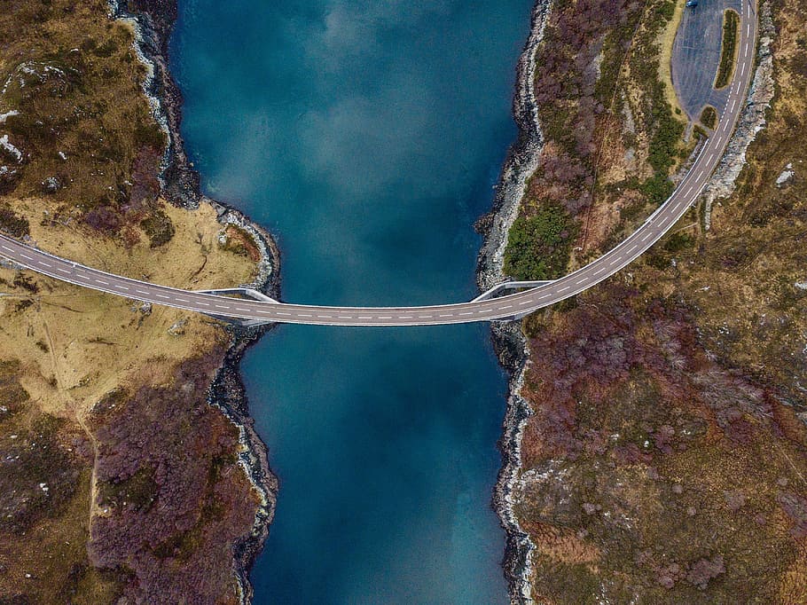 high angle photography of concrete road connecting two lands, aerial view of bridge and two lands HD wallpaper