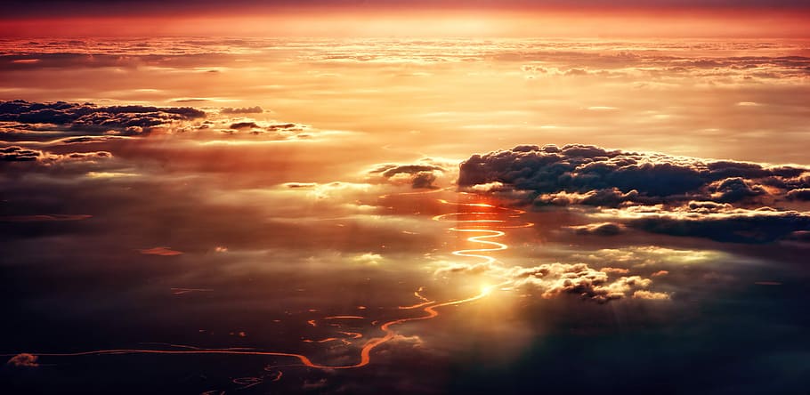 aerial photo of cloud at sunset, clouds, dawn, nature, dusk, landscape, HD wallpaper