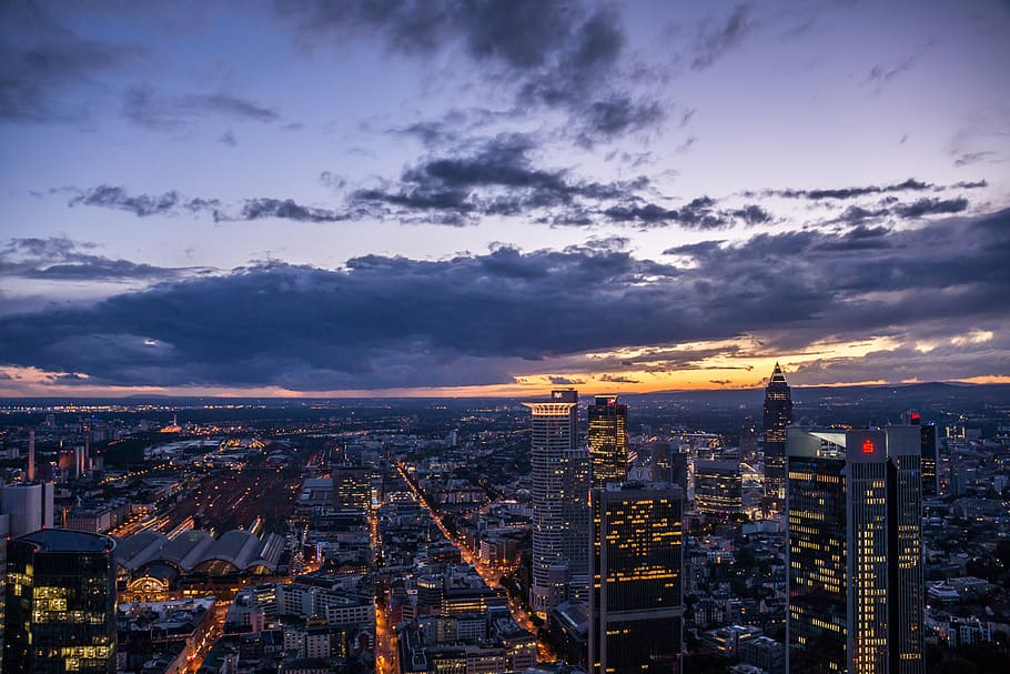 aerial view photography of city under gray sky, bird's eye view of city during night HD wallpaper