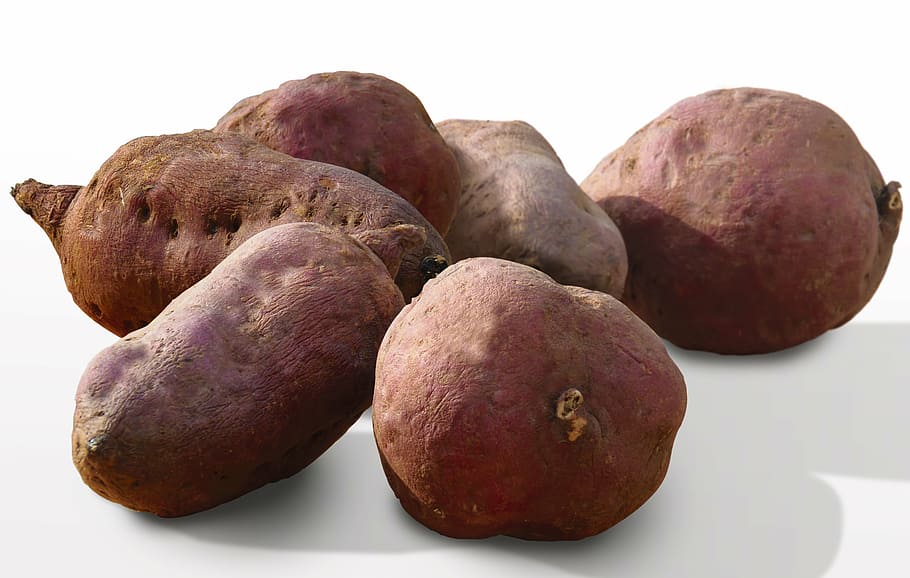 five brown sweet potatoes, sweetpotato, food, healthy, organic, HD wallpaper
